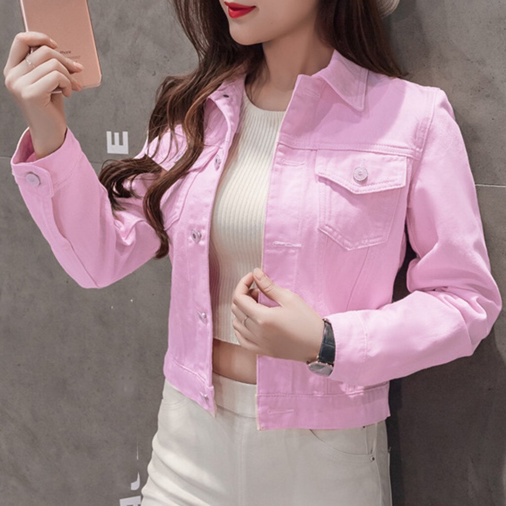 Women's Lapel Solid Casual Denim Button Short Jeans Jacket Womens
