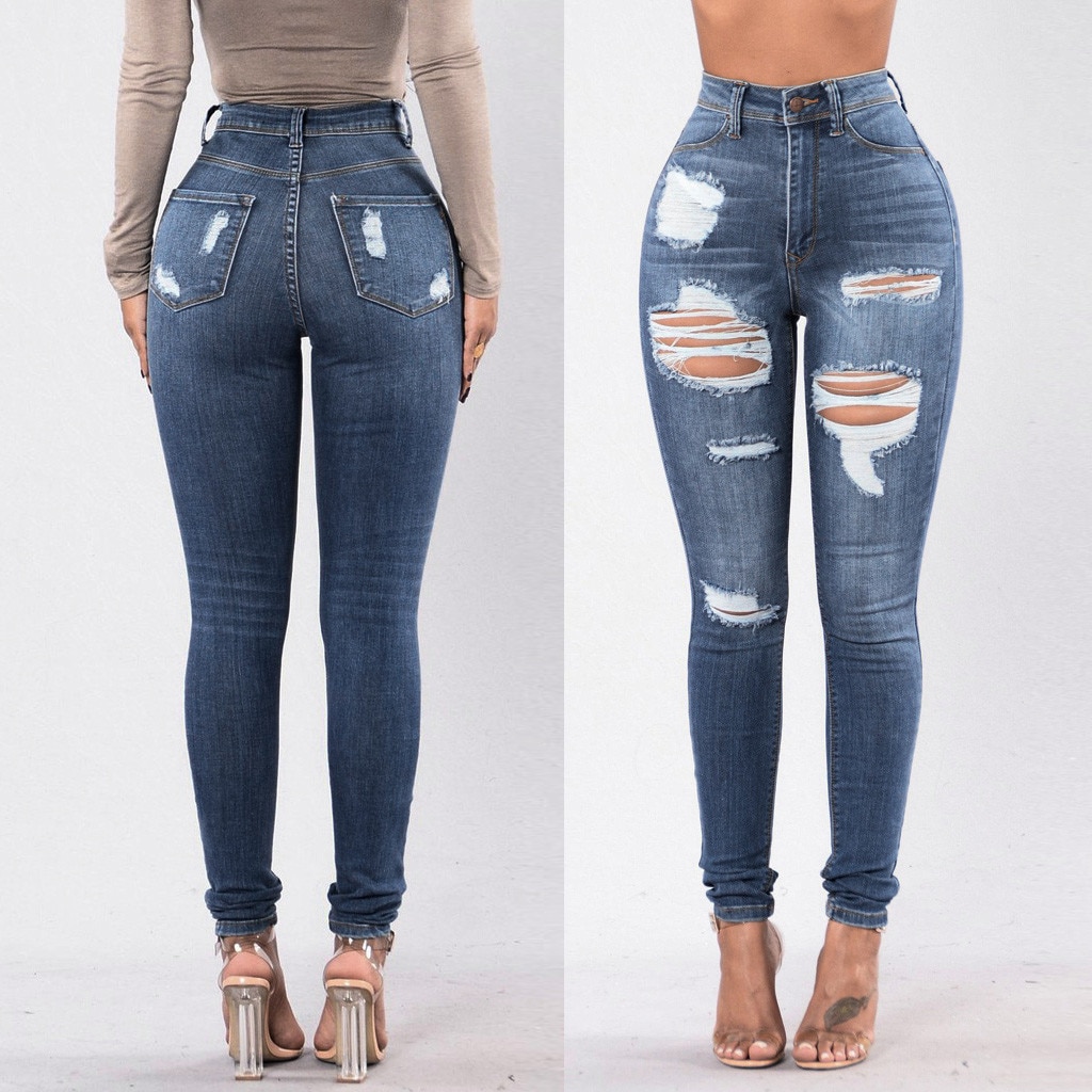 Lady High Waisted Skinny Hole Denim Jeans Stretch - Womens WebStore